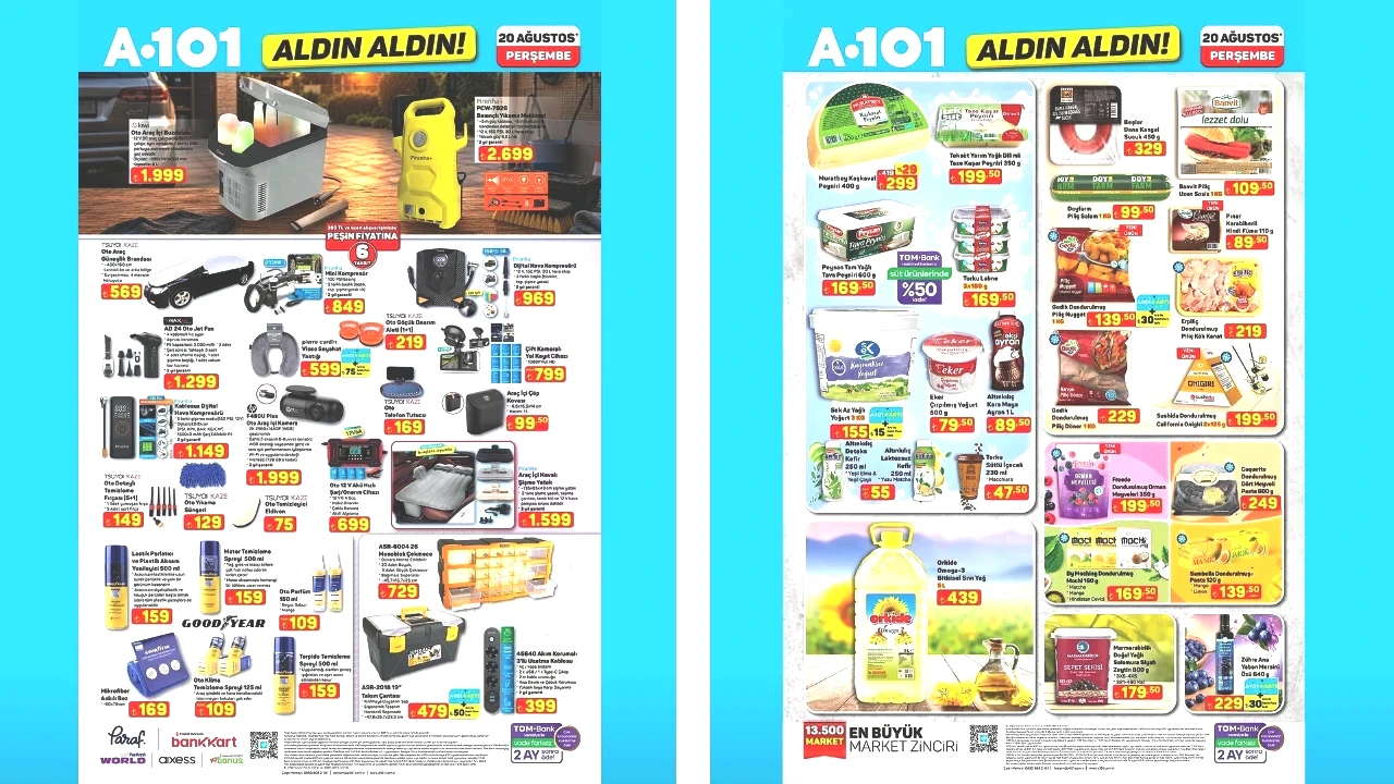 GIDA ÜRÜNLERİ DE LİSTEDE YER ALIYOR A101’in ürünleri arasında çeşitli gıda ve içecek seçenekleri de bulunuyor. Orkide Omega-3 bitkisel sıvı yağ 5 litre 439 TL, Peysan tam yağlı tava peyniri 600 gram ise 169,50 TL fiyatla listeleniyor. İçecek grubunda Lipton buzlu çay 1 litre 45 TL, Akmina maden suyu 1 litre ise 39,50 TL fiyatla yer alıyor.