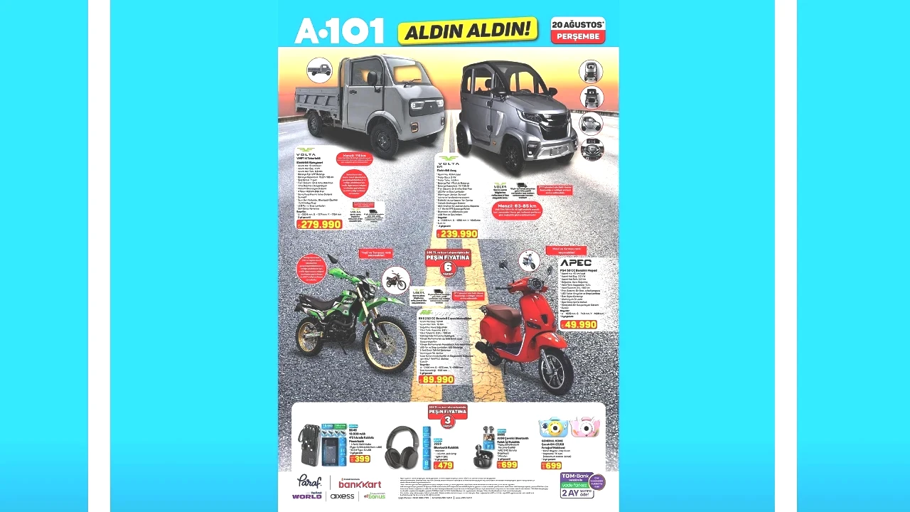A101’de satışa sunulacağı belirtilen ürünler arasında elektrikli araçlar da bulunuyor. Listede Volta VMP14 tekerlekli elektrikli kamyonet 279 bin 990 TL fiyatla yer alırken, Volta EV1 elektrikli araç ise 239 bin 990 TL fiyatla satışa sunuluyor. Volta VMP14 tekerlekli elektrikli kamyonetin teknik özellikleri arasında 51 km/s azami hız, 4 kW güç ve LFP batarya bulunuyor. Araçta geri görüş kamerası, LED farlar ve dört tekerlekte hidrolik disk fren sistemi yer alıyor.